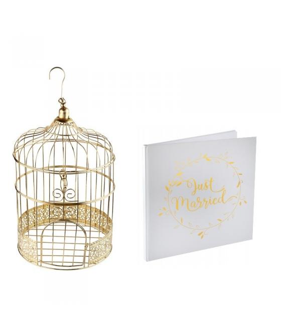 Tirelire cage dorée + Livre d'or Mariage Blanc et Or
