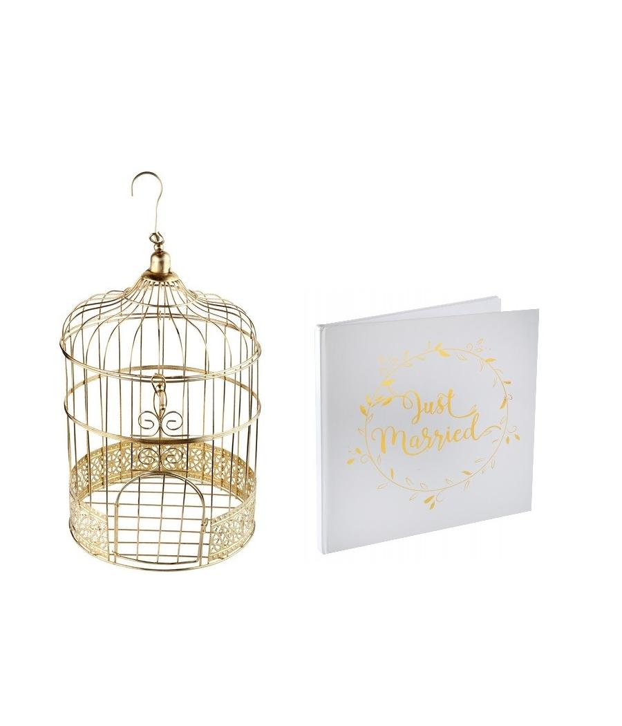 Tirelire cage dorée + Livre d'or Mariage Blanc et Or