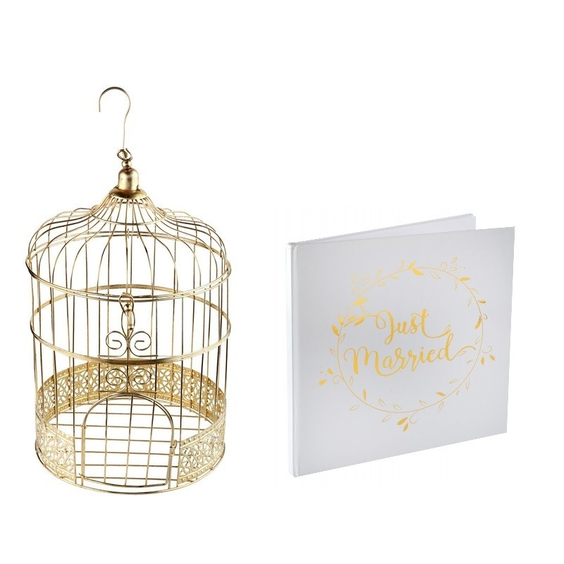 Tirelire cage dorée + Livre d'or Mariage Blanc et Or