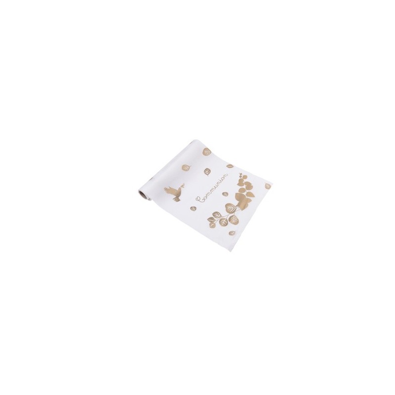 Chemin de table Communion colombe et eucalyptus tissuet or