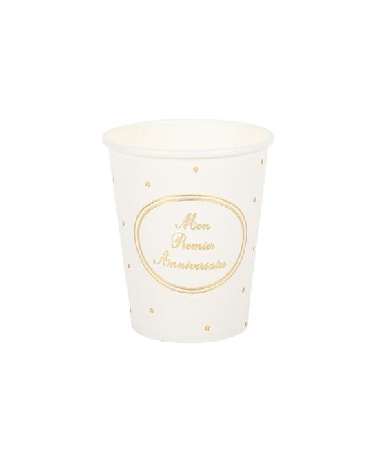 8 gobelets mon premier anniversaire blanc et or