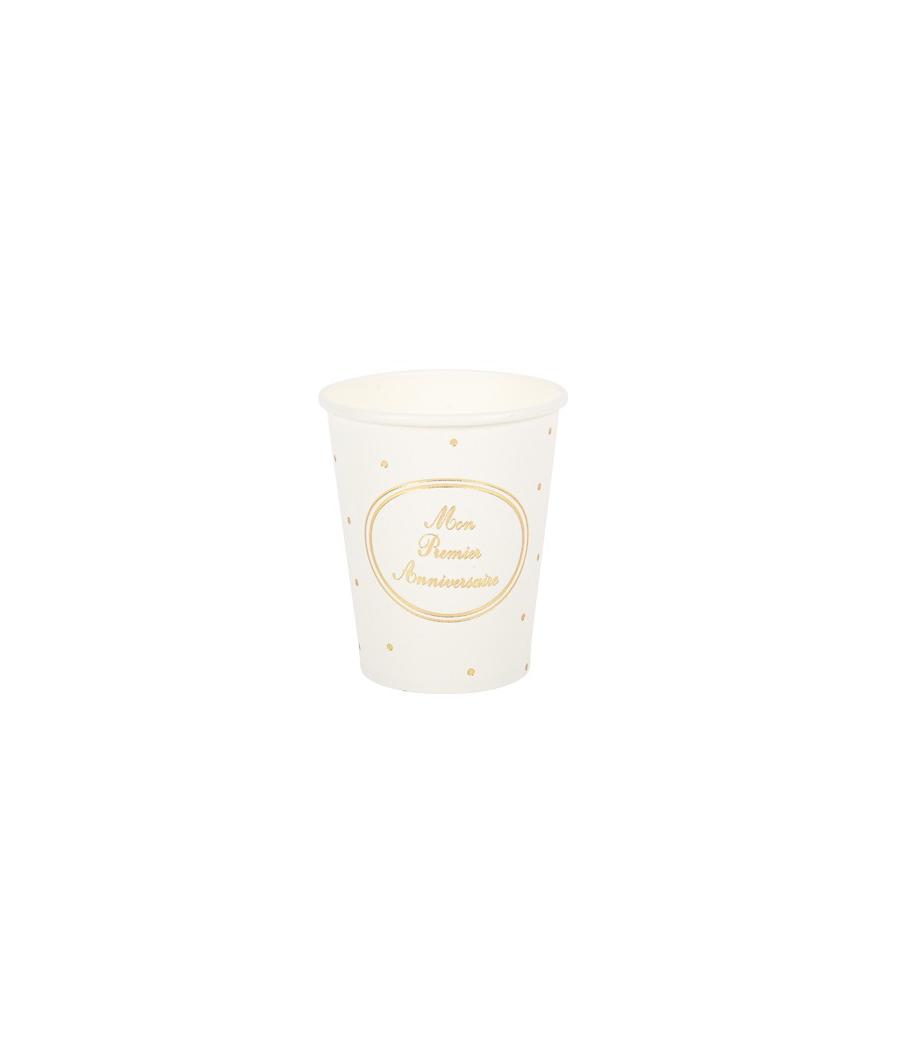 8 gobelets mon premier anniversaire blanc et or