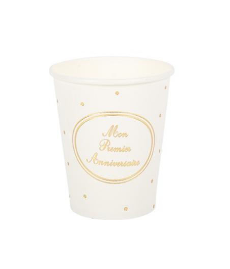 8 gobelets mon premier anniversaire blanc et or