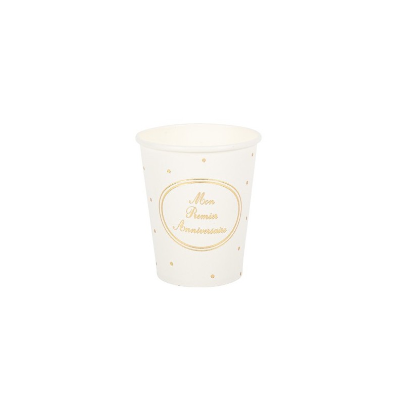 8 gobelets mon premier anniversaire blanc et or