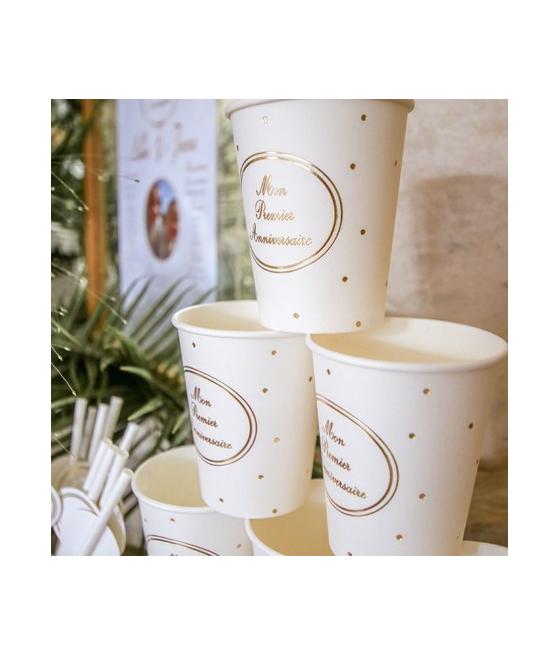 8 gobelets mon premier anniversaire blanc et or