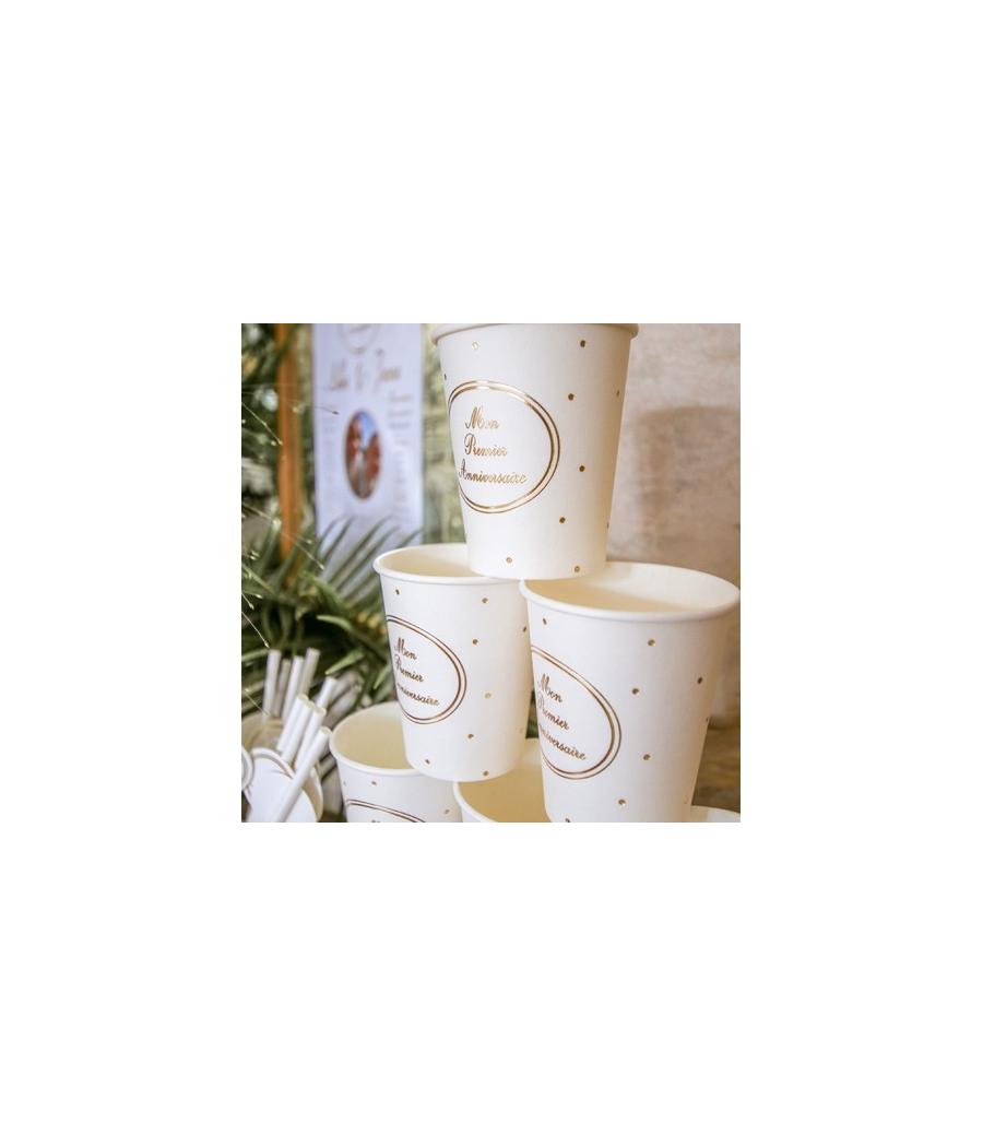 8 gobelets mon premier anniversaire blanc et or