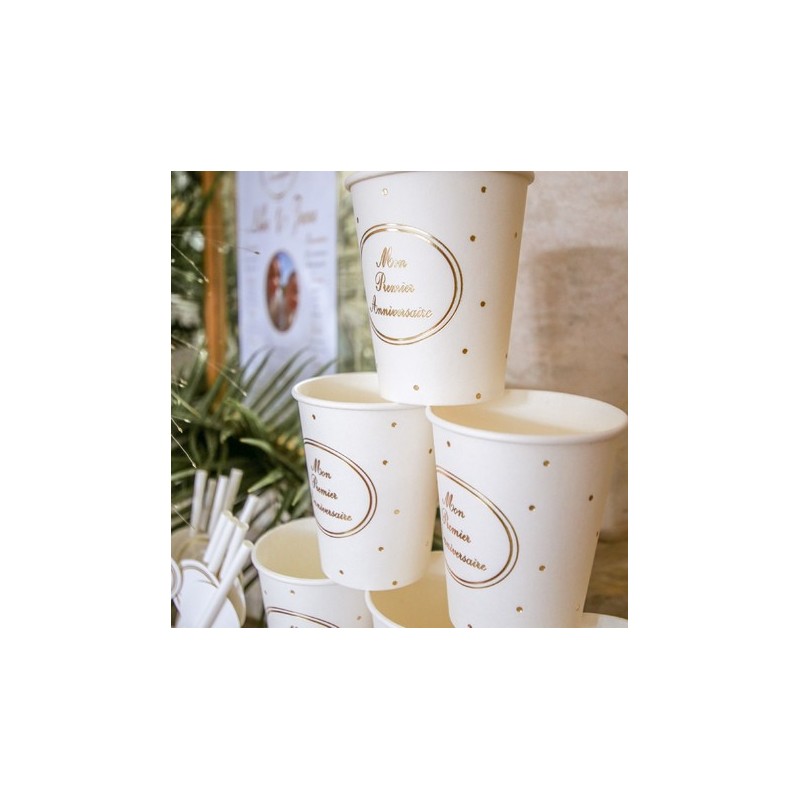 8 gobelets mon premier anniversaire blanc et or