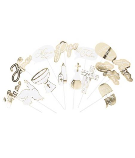 Kit Photobooth Baptême Jolis Brins  Blanc Et Or