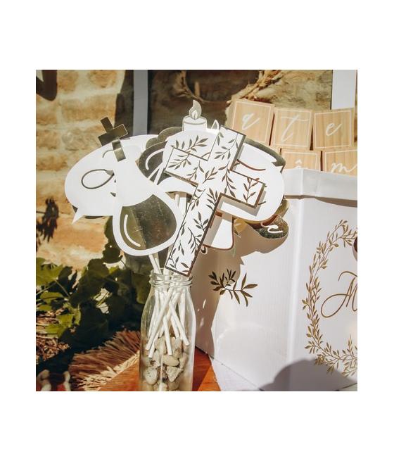 Kit Photobooth Baptême Jolis Brins  Blanc Et Or