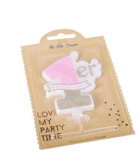Bougie Premier Anniversaire Rose Paillettes Or