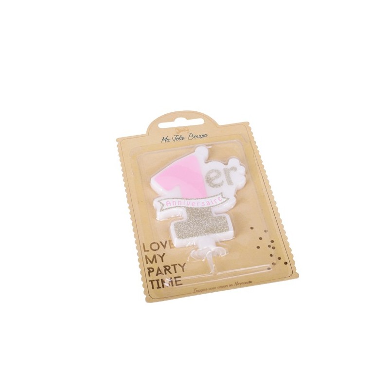 Bougie Premier Anniversaire Rose Paillettes Or
