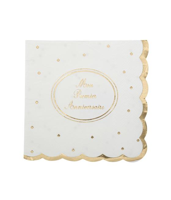 16 serviettes mon 1er anniversaire Blanc et or
