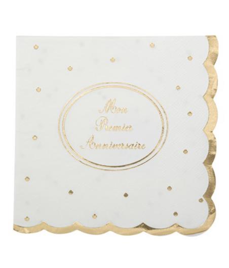 16 serviettes mon 1er anniversaire Blanc et or