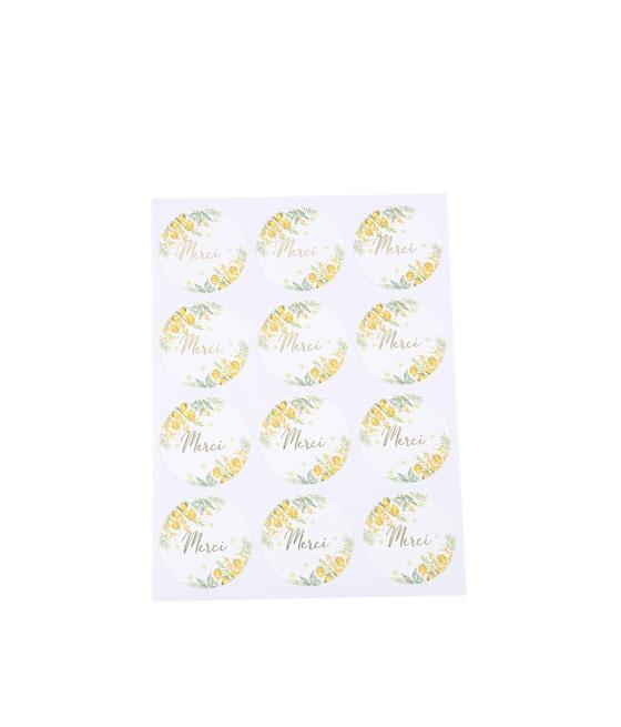 24 Stickers Merci Mimosa, Citrons, Feuillages et Or