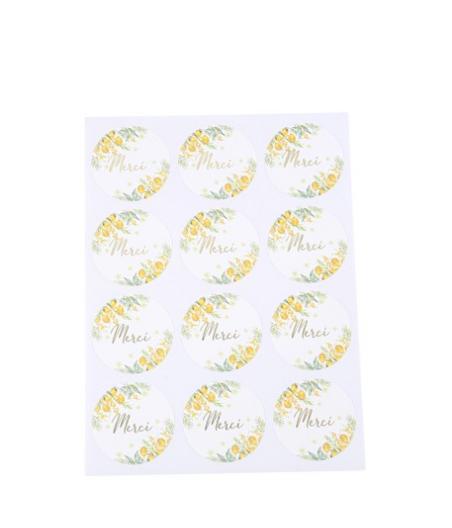 24 Stickers Merci Mimosa, Citrons, Feuillages et Or