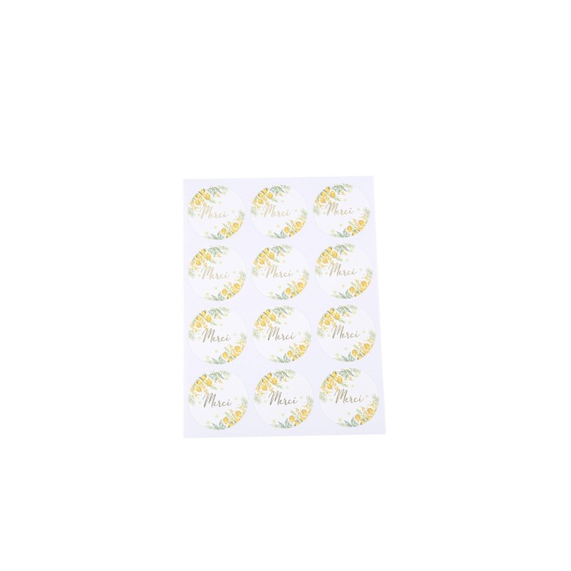 24 Stickers Merci Mimosa, Citrons, Feuillages et Or