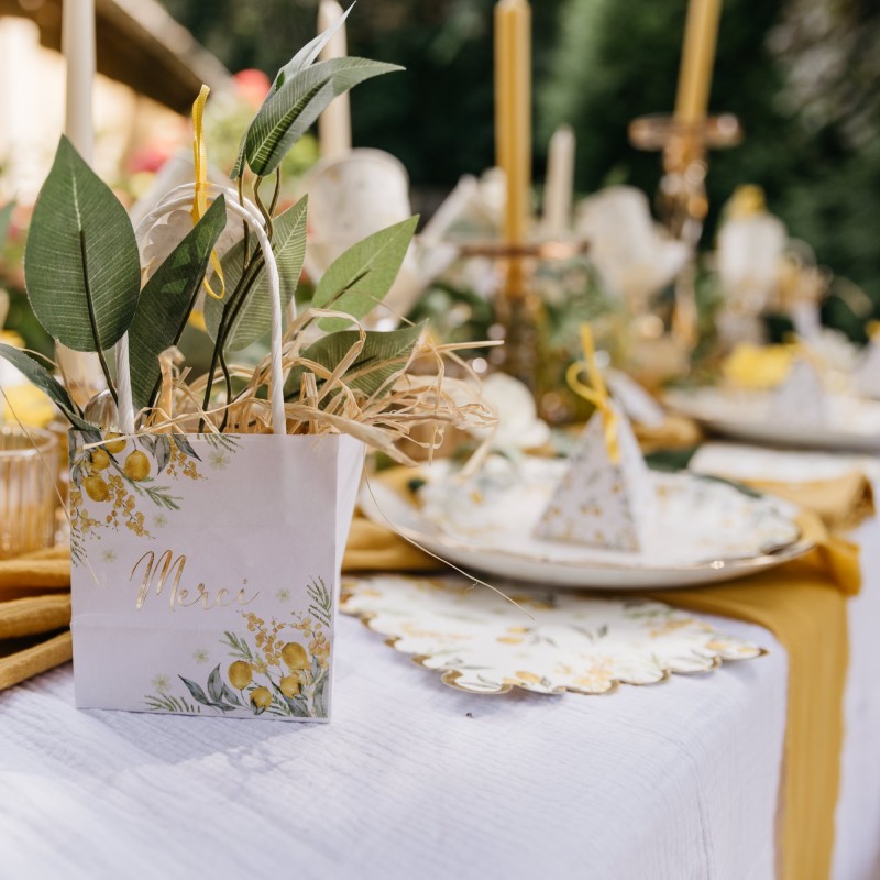 6 Sacs Cadeaux Mimosa, Citrons, Feuillages et Or