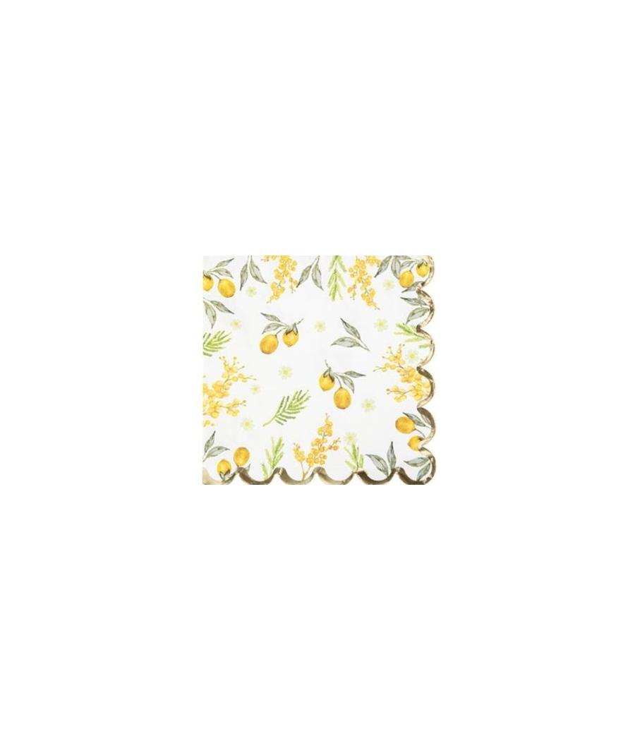 16 Serviettes Mimosa Citrons Feuillages et Or