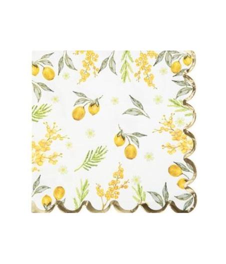 16 Serviettes Mimosa Citrons Feuillages et Or