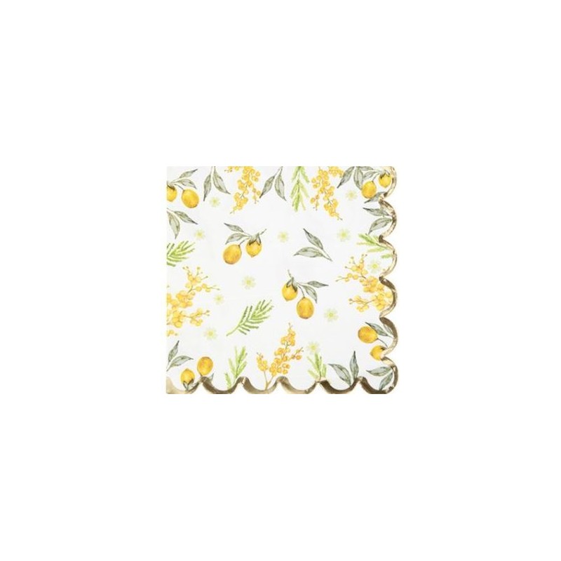 16 Serviettes Mimosa Citrons Feuillages et Or
