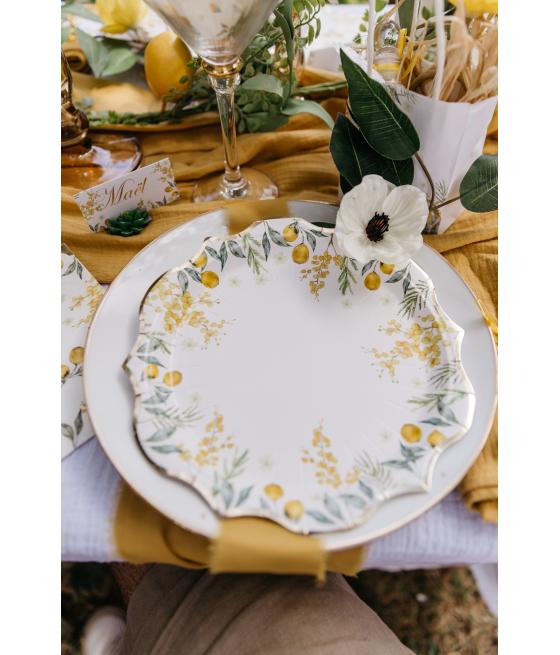 8 Assiettes Mimosa Citrons Feuillages et Or