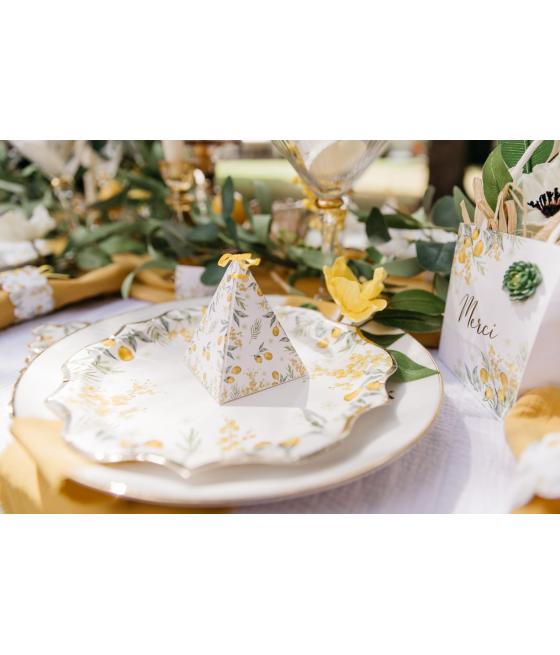 8 Assiettes Mimosa Citrons Feuillages et Or