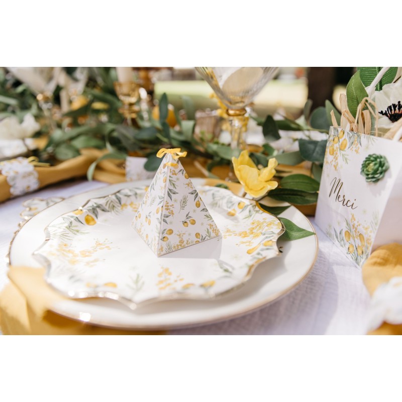 8 Assiettes Mimosa Citrons Feuillages et Or