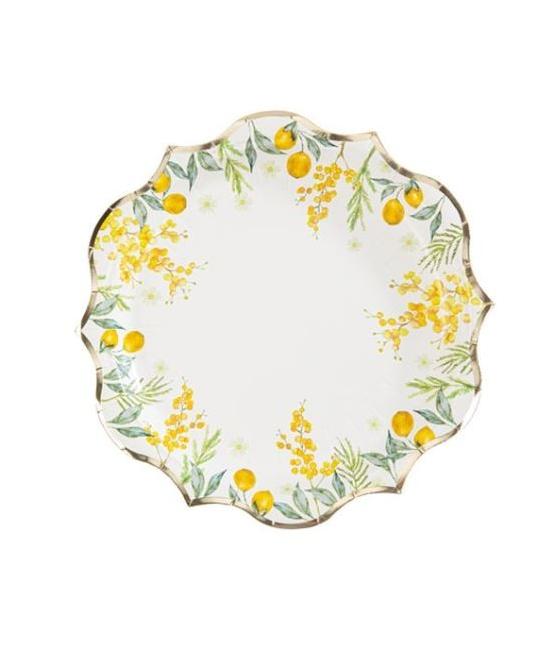 8 Assiettes Mimosa Citrons Feuillages et Or