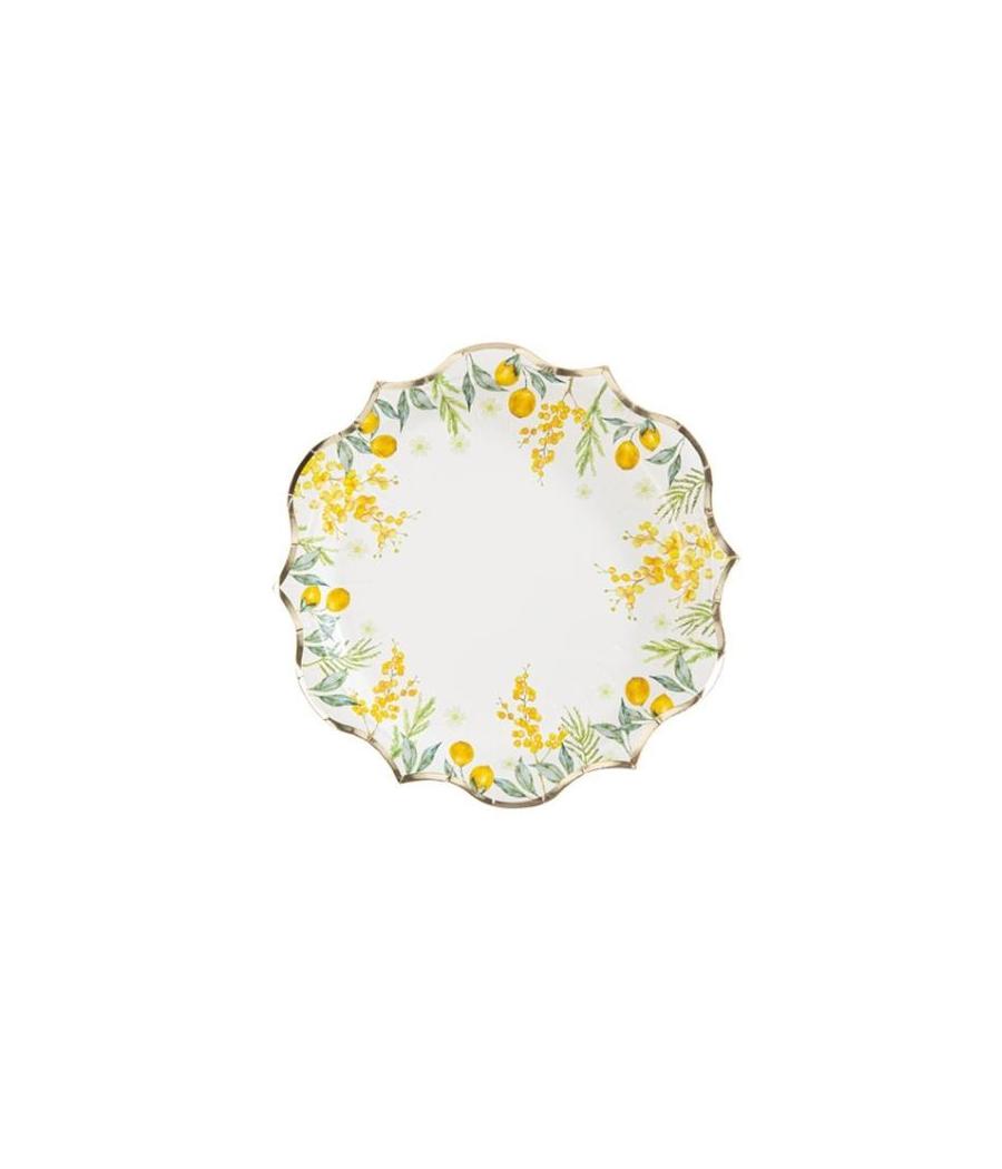 8 Assiettes Mimosa Citrons Feuillages et Or