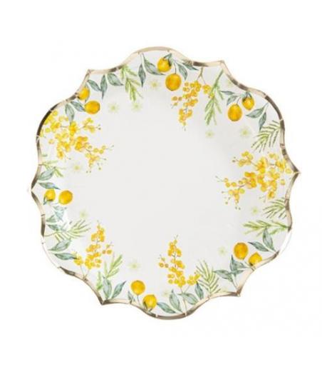8 Assiettes Mimosa Citrons Feuillages et Or