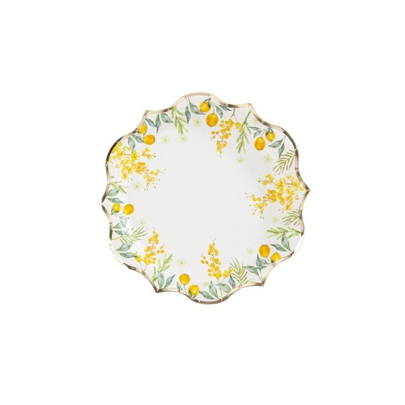 8 Assiettes Mimosa Citrons Feuillages et Or
