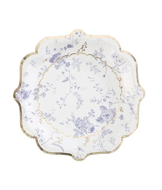 8 Assiettes Toile de Jouy Blanc Bleu et Or