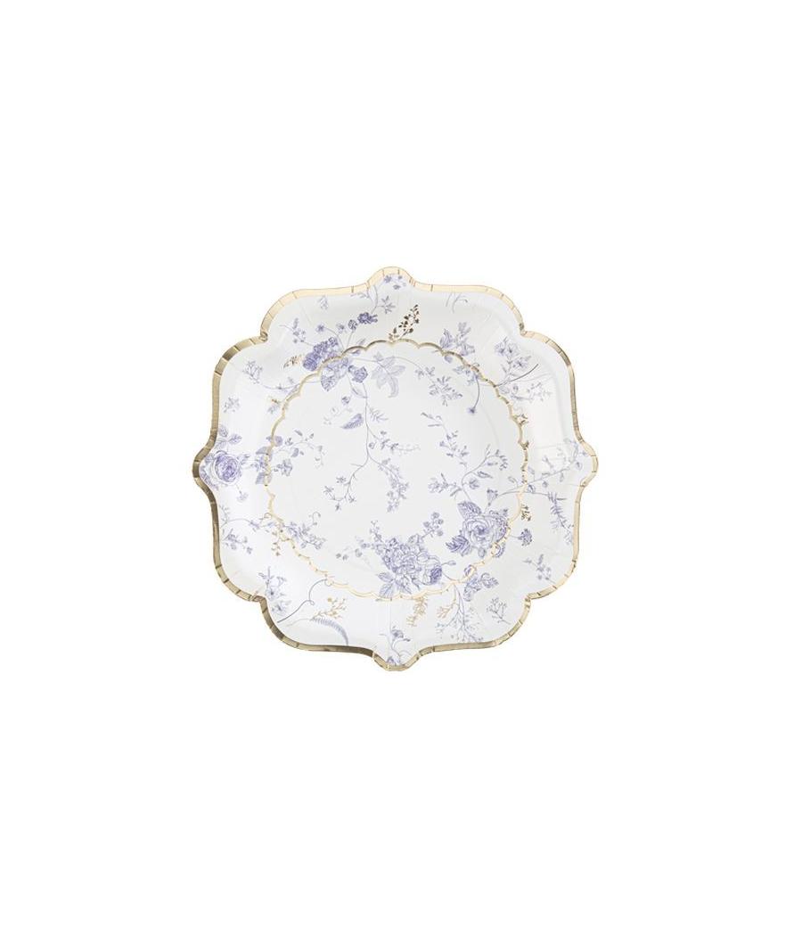8 Assiettes Toile de Jouy Blanc Bleu et Or