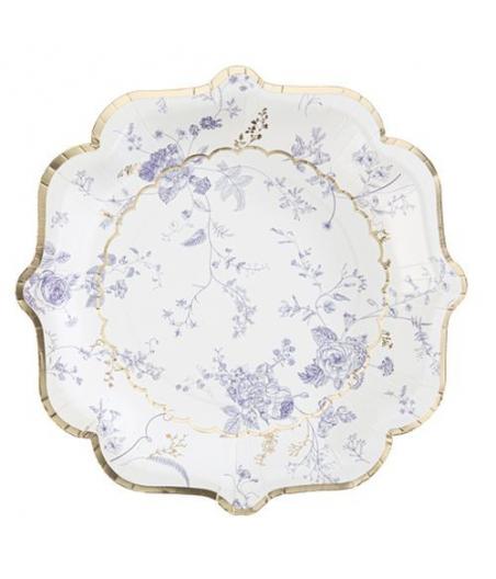 8 Assiettes Toile de Jouy Blanc Bleu et Or
