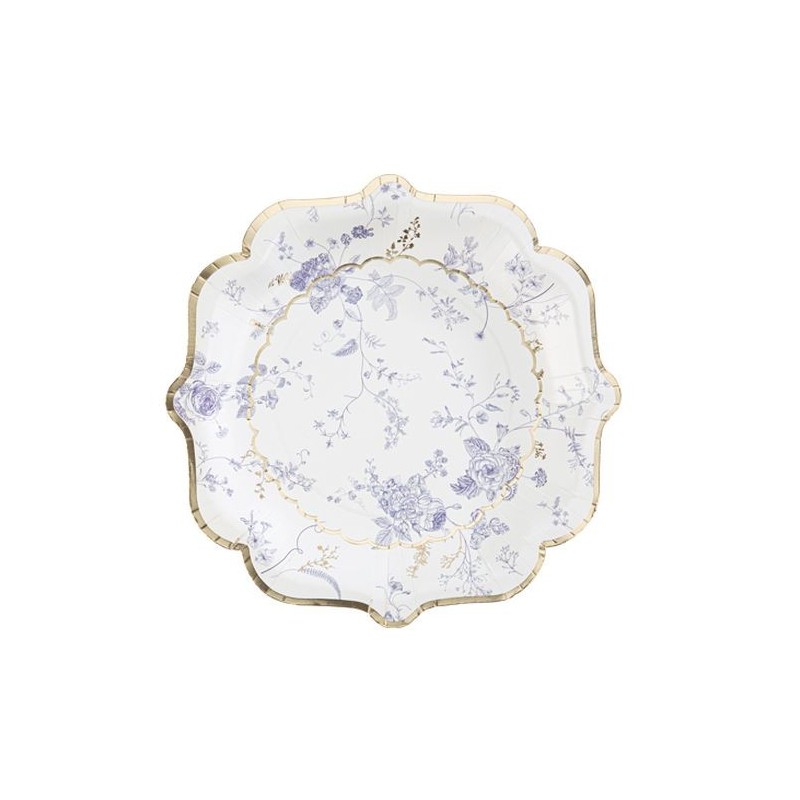 8 Assiettes Toile de Jouy Blanc Bleu et Or