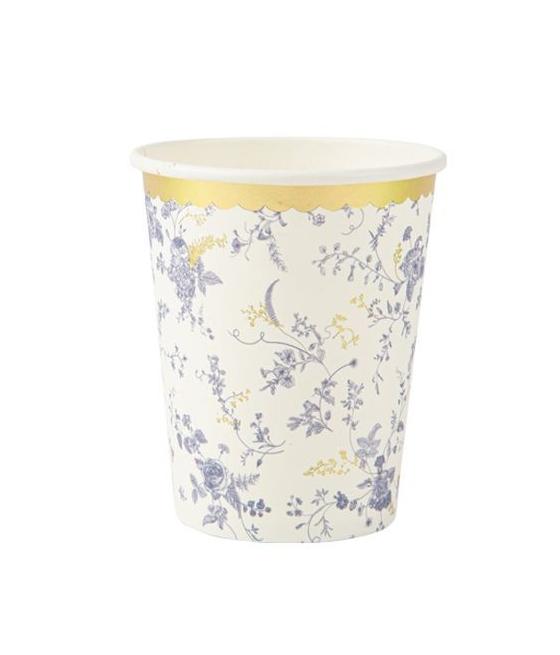 8 Gobelets Toile de Jouy Blanc Bleu et Or