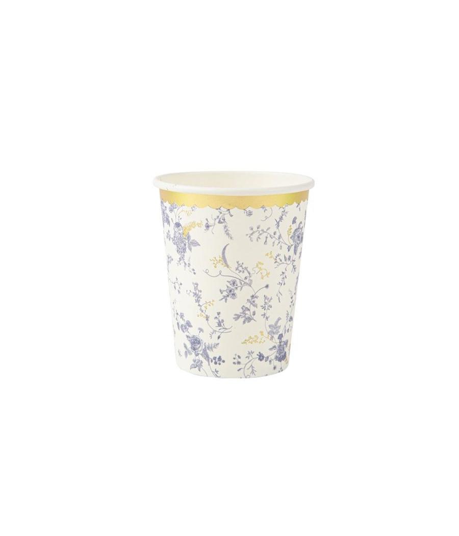 8 Gobelets Toile de Jouy Blanc Bleu et Or