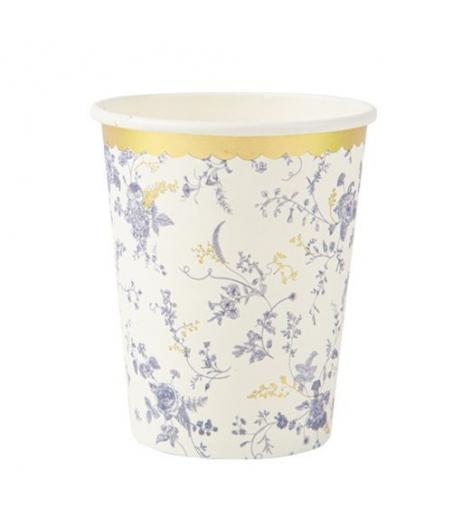 8 Gobelets Toile de Jouy Blanc Bleu et Or