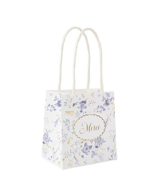 6 Sacs Cadeaux Toile de Jouy Blanc, Bleu et Or