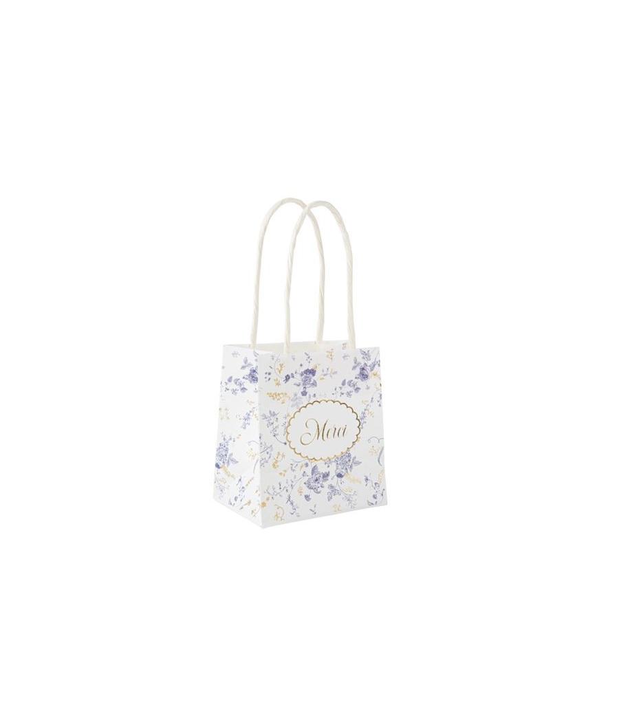 6 Sacs Cadeaux Toile de Jouy Blanc, Bleu et Or