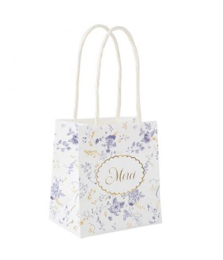 6 Sacs Cadeaux Toile de Jouy Blanc, Bleu et Or