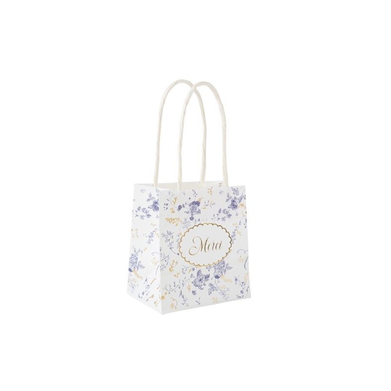 6 Sacs Cadeaux Toile de Jouy Blanc, Bleu et Or