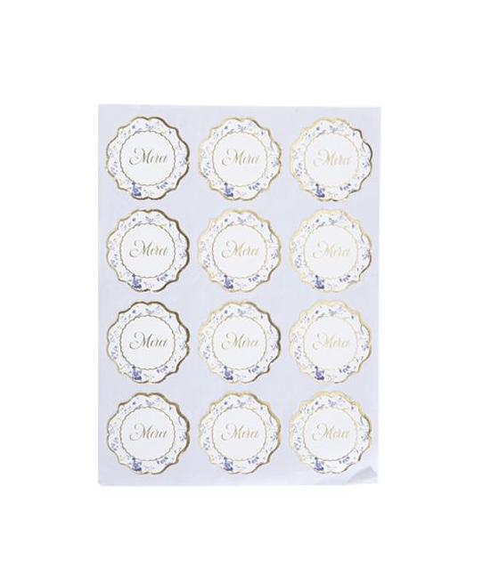 24 Stickers Merci Toile de Jouy Blanc Bleu et Or