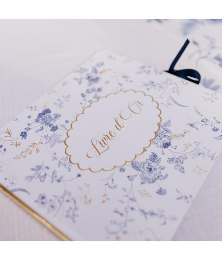 Livre d'Or Toile de Jouy Blanc Bleu et Or