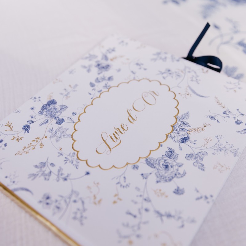 Livre d'Or Toile de Jouy Blanc Bleu et Or