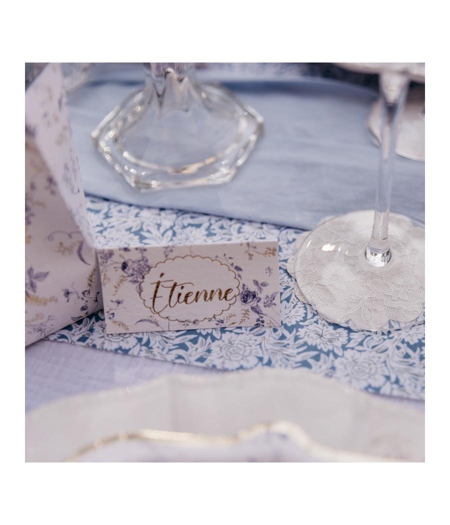 Marque-Places Toile de Jouy Blanc Bleu et Or