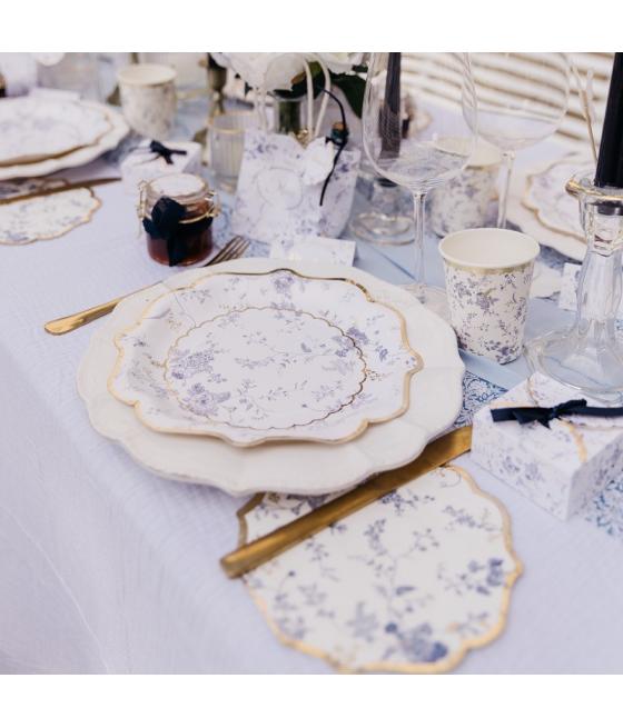 8 Assiettes Toile de Jouy Blanc Bleu et Or
