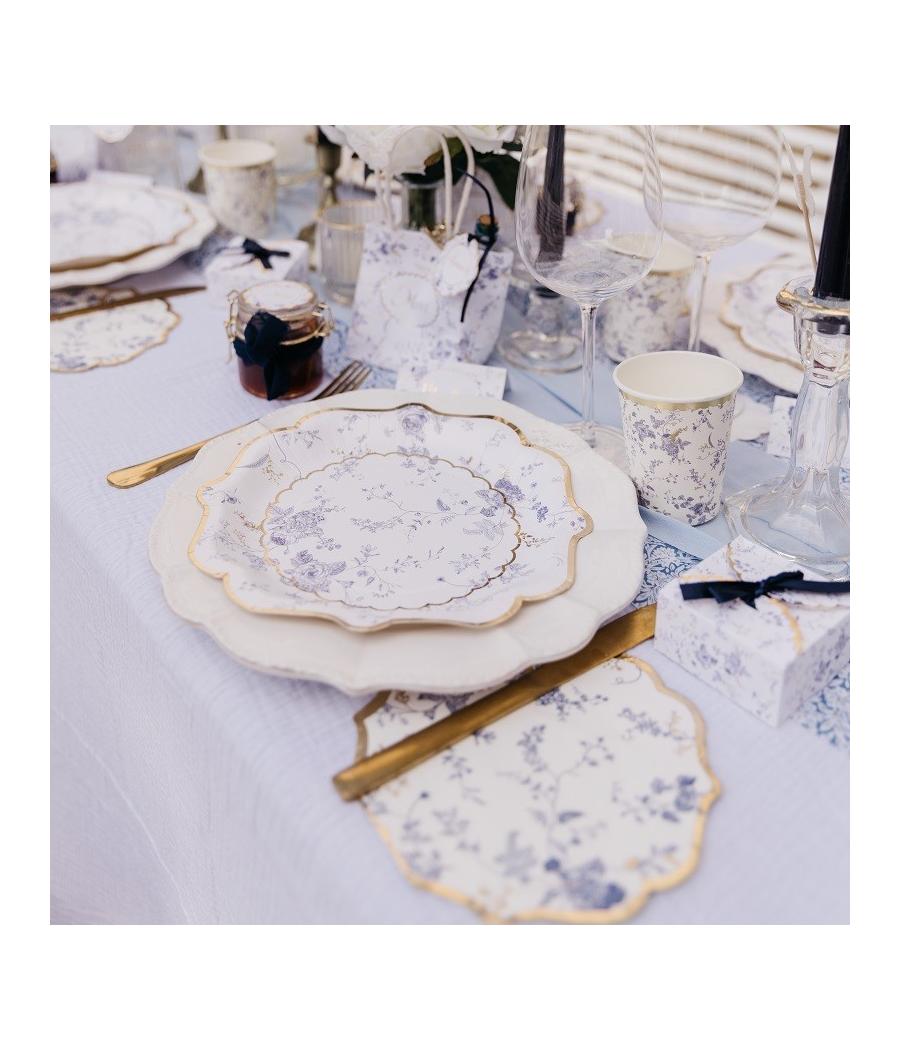 8 Assiettes Toile de Jouy Blanc Bleu et Or