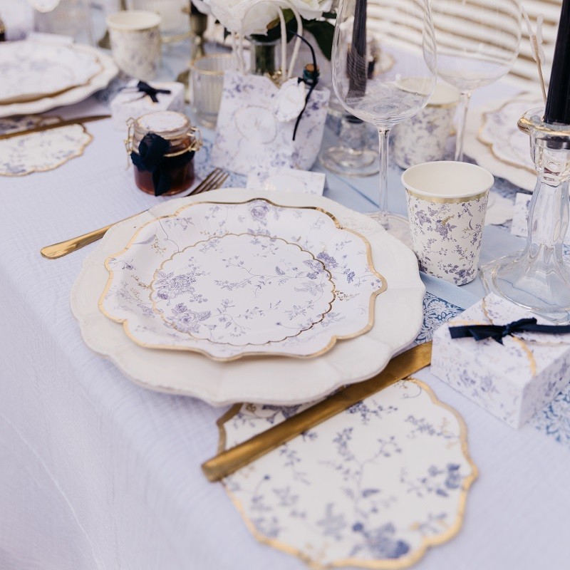 8 Assiettes Toile de Jouy Blanc Bleu et Or