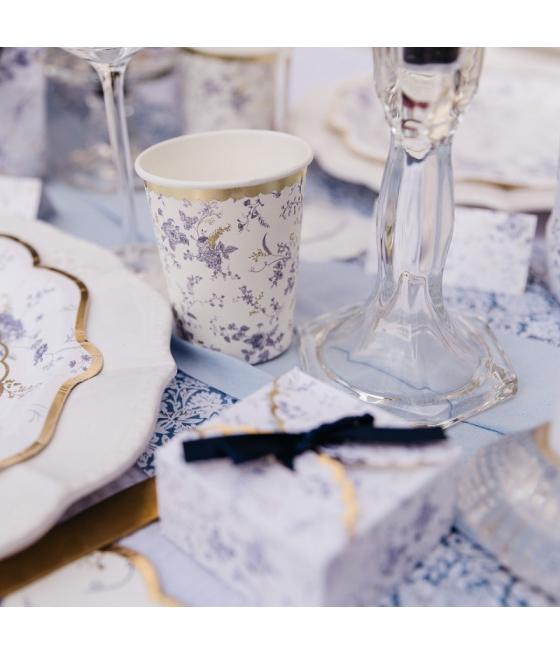 8 Gobelets Toile de Jouy Blanc Bleu et Or